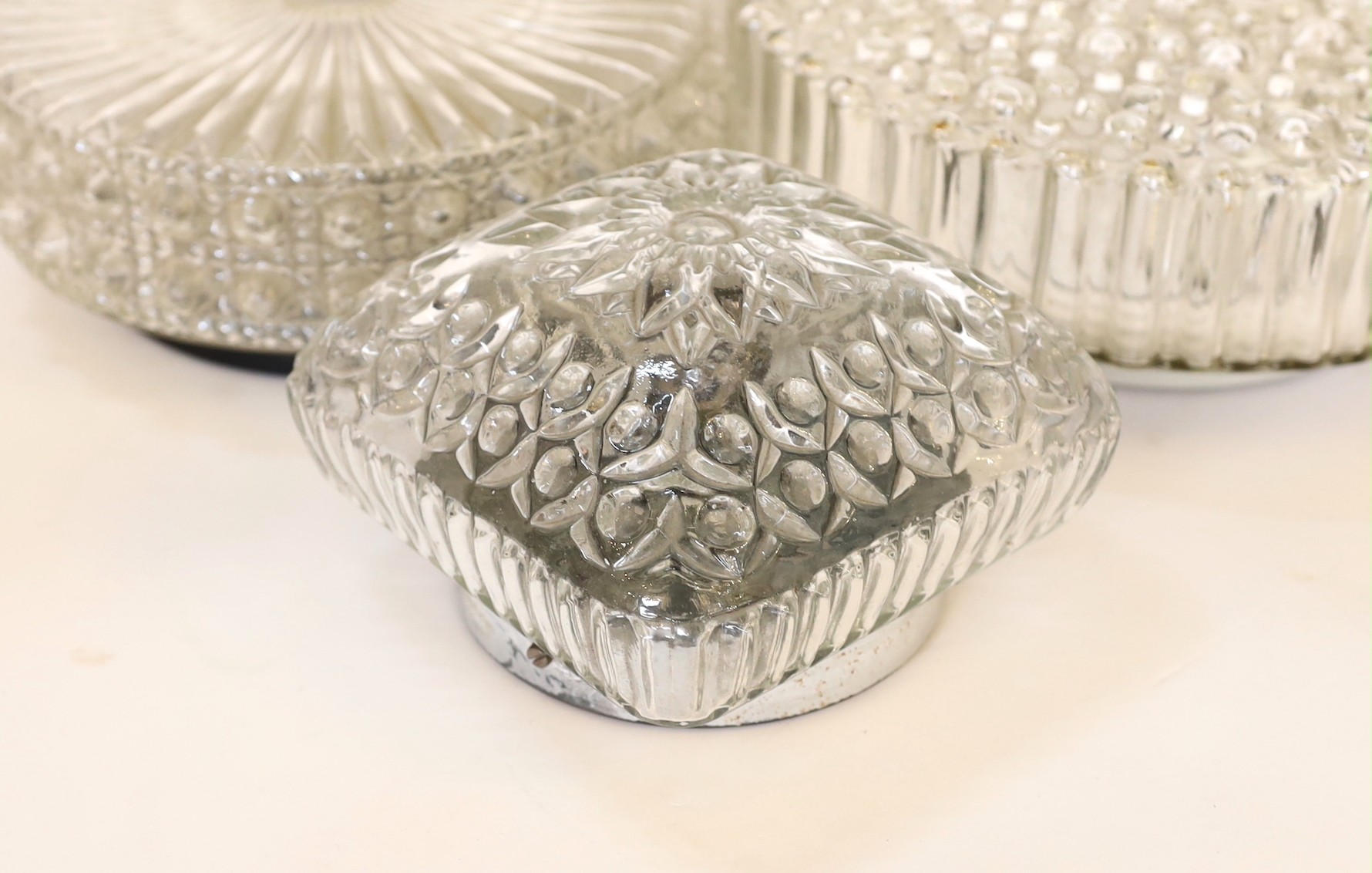 Three 1950s – 60s French moulded glass light fittings, diameter's 28cm, 23cm, 17cm